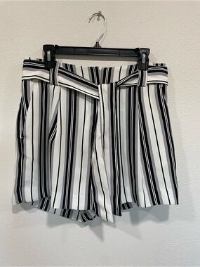H&M Black & White Vertical Stripe High-Waist Tie-Belt Shorts
